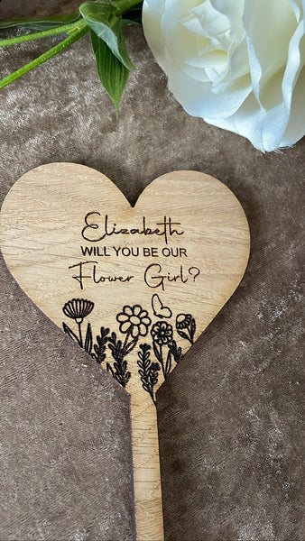 Personalised rustic wooden flower girl wands, flower girl proposal