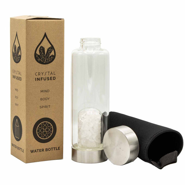 Crystal Infused Glass Water Bottle - Cleansing Clear Quartz - Chips