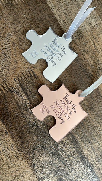 personalised mirrored gold, silver, rose gold jigsaw piece thank you for being a part of my/our story
