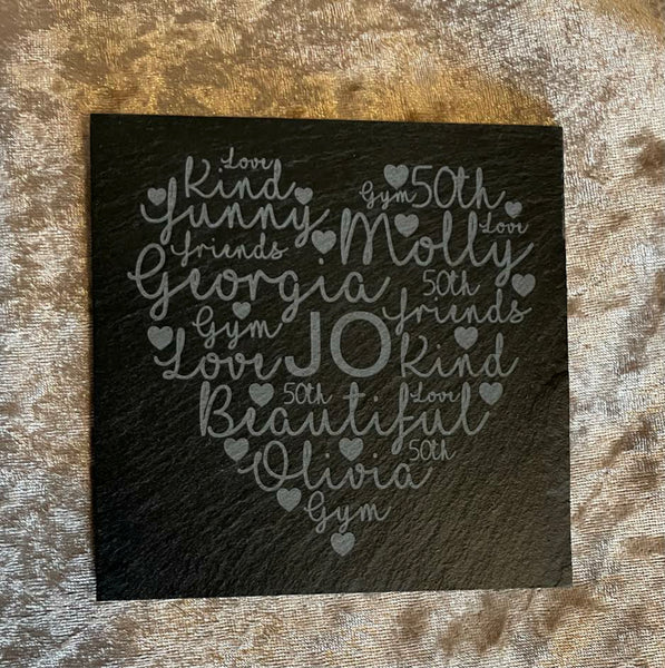 Personalised word art heart Slate Coaster