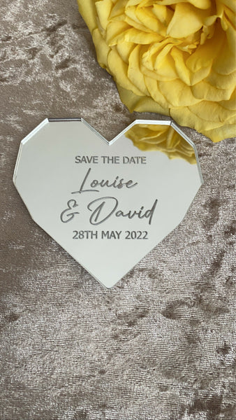 Save The Dates Mirrored Acrylic Geometric Heart Wedding Invite